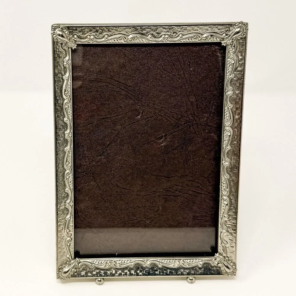 Vintage MCM Ornate Silver Tone Metal 5x7 Photo Frame Footed Easel Back
